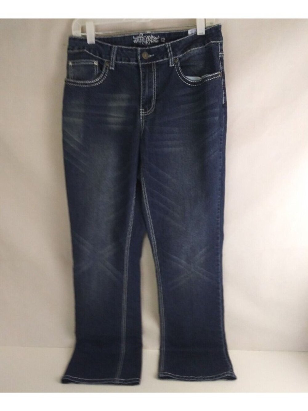 Revolt Women's Distressed Embroidered Jeweled Cross Pocket Bootcut Jeans Size 12